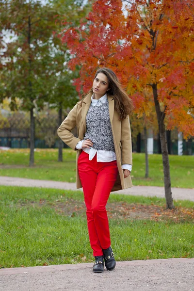 Jeune femme en manteau de mode marche dans le parc d'automne — Photo