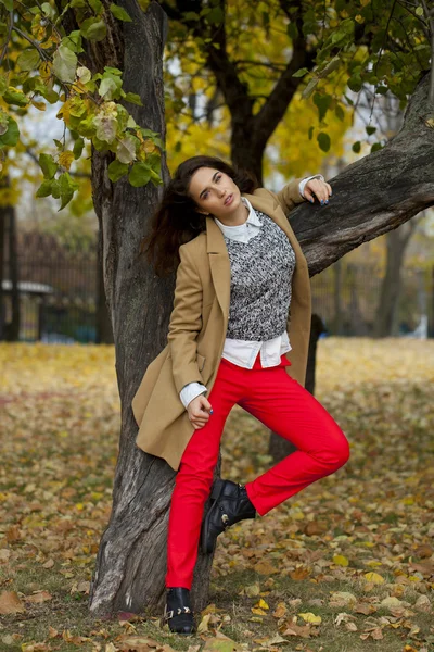 Mladá žena v módní kabát v podzimním parku — Stock fotografie