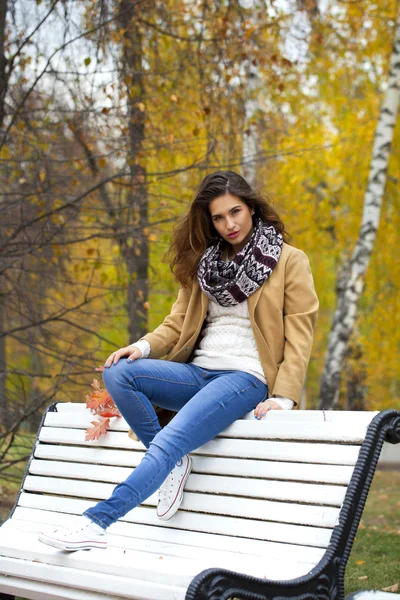 Mulher bonita sentada em um banco no parque de outono — Fotografia de Stock