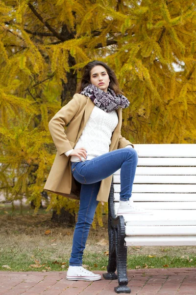 秋の公園で歩くファッション コートの若い女性 — ストック写真