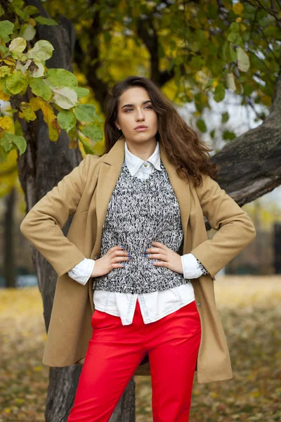 Jovem mulher de casaco de moda andando no parque de outono — Fotografia de Stock