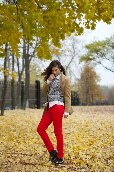 Молода жінка в модному пальто ходить в осінньому парку — стокове фото
