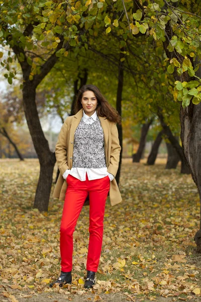 Fiatal nő a divat kabátját ősz park séta — Stock Fotó