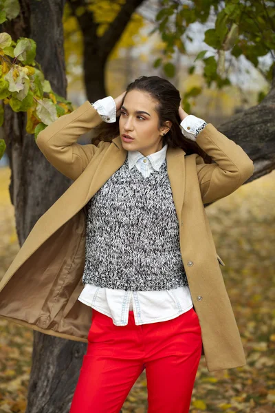 Mujer joven en abrigo de moda caminando en el parque de otoño —  Fotos de Stock