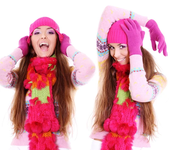 Two beautiful happy woman in a knitted jacket — Stock Photo, Image