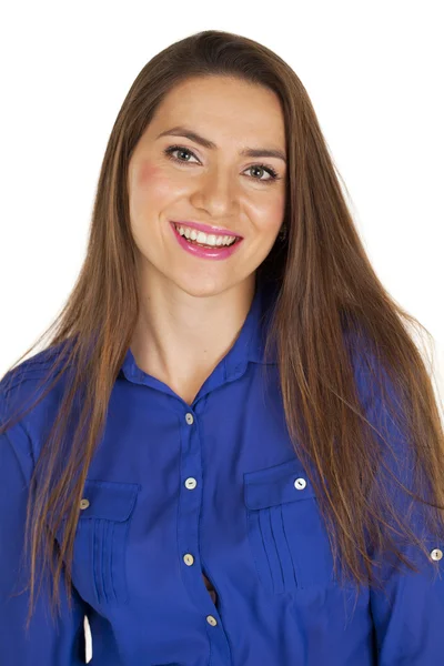 Portret van een mooie gelukkig vrouw in blauw shirt — Stockfoto