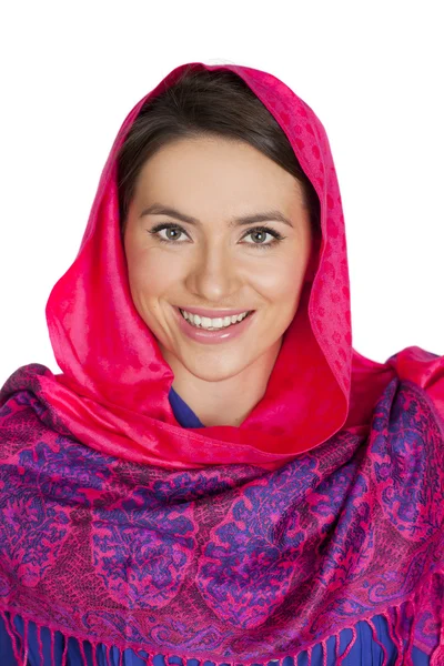 Beauty woman in the national patterned shawl — Stock Photo, Image