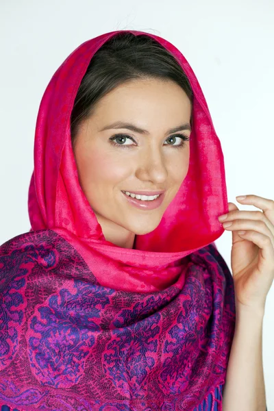Beauty woman in the national patterned shawl — Stock Photo, Image