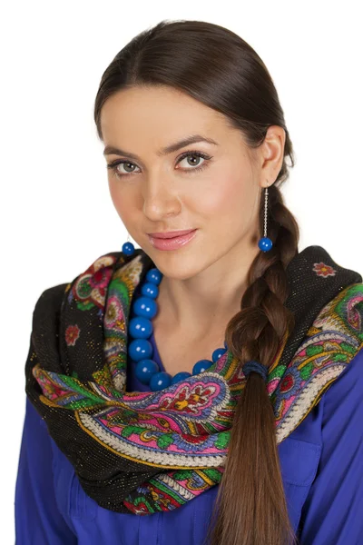 Beauty woman in the national patterned shawl — Stock Photo, Image