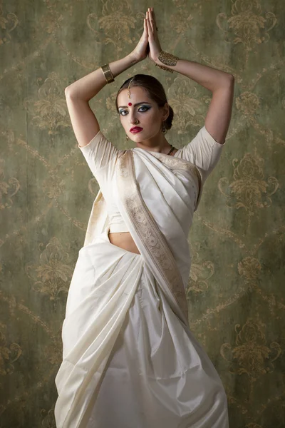 Young pretty woman in indian white dress — Stock Photo, Image