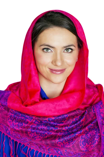 Beauty woman in the national patterned shawl — Stock Photo, Image