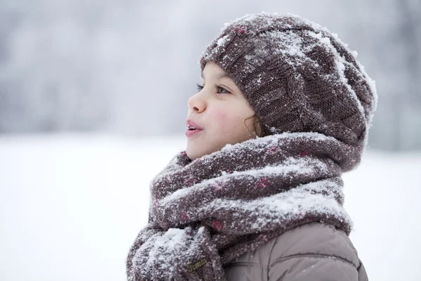 Šťastná holčička na pozadí winter park — Stock fotografie