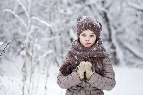 Lycklig liten flicka på bakgrund av en vinter park — Stockfoto