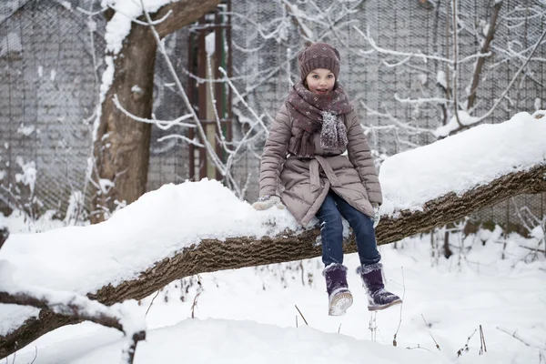 Lycklig liten flicka på bakgrund av en vinter park — Stockfoto