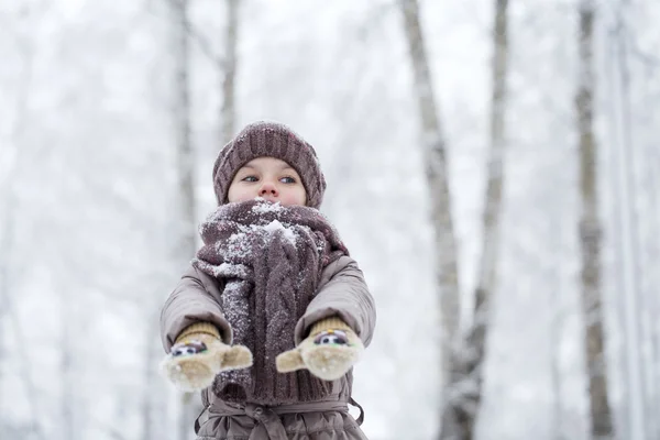 Ragazzina felice sullo sfondo di un parco invernale — Foto Stock