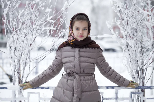 Bonne petite fille sur le fond d'un parc d'hiver — Photo