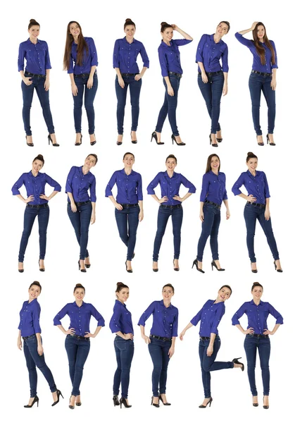 Koláž, krásných žen v modré džíny a košile, modré — Stock fotografie