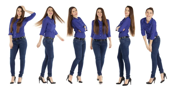 Collage, belle donne in blue jeans e camicia blu — Foto Stock