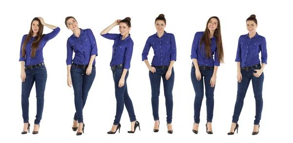 Collage, schöne Frauen in blauen Jeans und blauem Hemd — Stockfoto