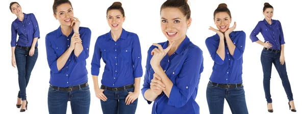 Collage, beautiful women in blue jeans and blue shirt — Stock Photo, Image