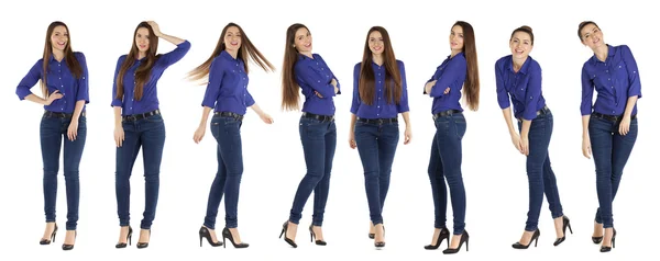 Colagem, mulheres bonitas em jeans azuis e camisa azul — Fotografia de Stock