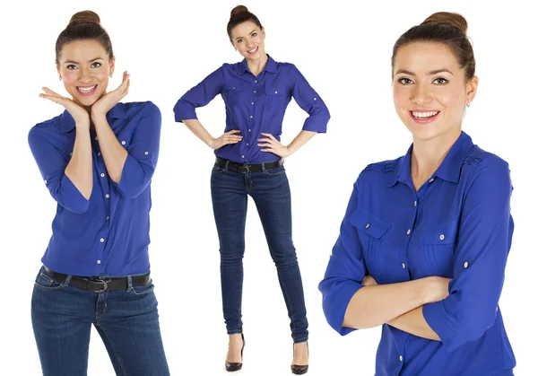 Collage, belles femmes en jean bleu et chemise bleue — Photo