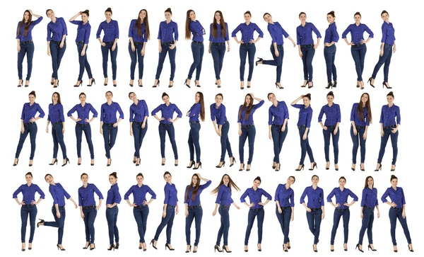 Colagem, mulheres bonitas em jeans azuis e camisa azul — Fotografia de Stock