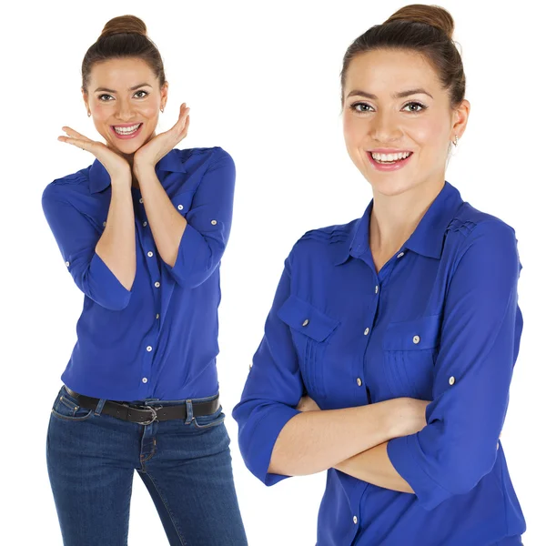 Collage, beautiful women in blue jeans and blue shirt — Stock Photo, Image