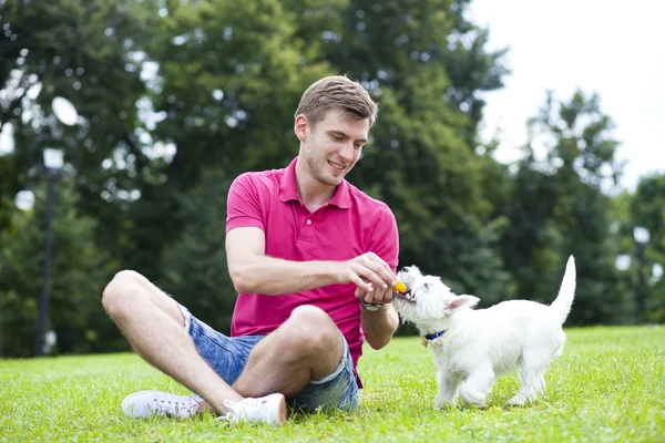 Ung mann som leker med hunden sin i parken – stockfoto