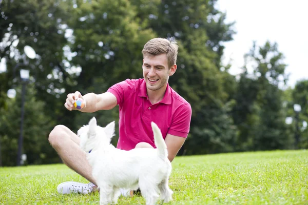 Young man playing with his dog in the park — Stock Photo, Image