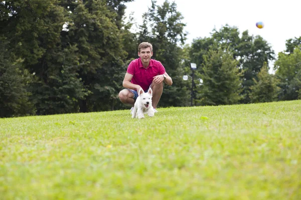 Ung man leker med sin hund i parken — Stockfoto