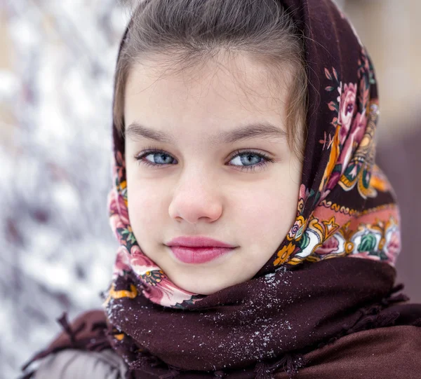 Happy little girl on the background of a winter park Stock Image