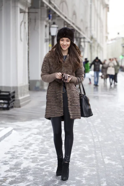 Young beautiful woman in stylish mink coat — Stock Photo, Image