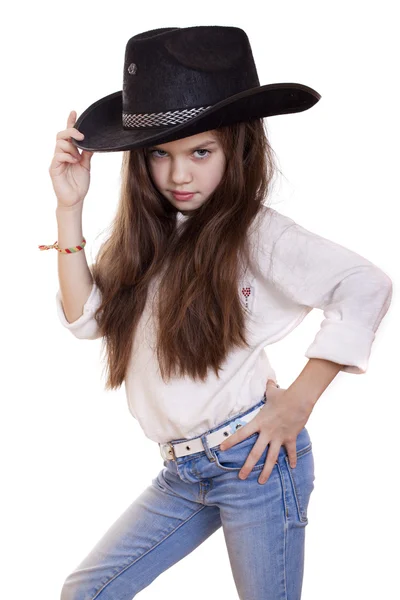 Portrét krásné holčičky v černý kovbojský klobouk — Stock fotografie