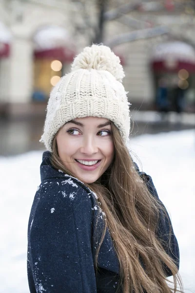 Young beautiful woman in stylish dark gray wool coat — Stock Photo, Image