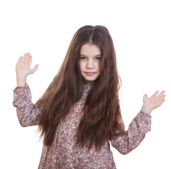 Beautiful little girl has placed his hands in the direction of — Stock Photo, Image