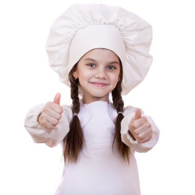 Yemek ve insanlar kavramı - aşçı şapkalı küçük kız gülümseyerek 
