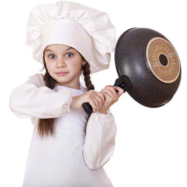 Smiling little girl in cook hat with frying pan — Stock Photo, Image