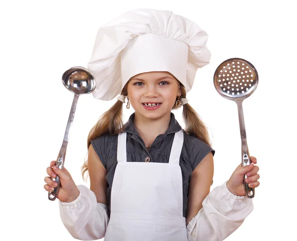 Μαγειρική και άνθρωποι έννοια - χαμογελώντας κοριτσάκι στο μάγειρα καπέλο — Φωτογραφία Αρχείου