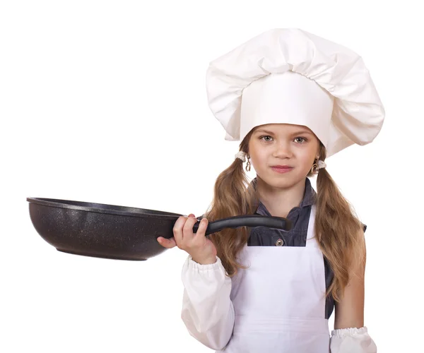 Smiling little girl in cook hat with frying pan — Stock Photo, Image