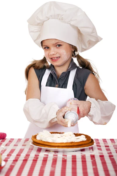 Menina bonita feliz sete anos de idade em uniforme chef com shortca — Fotografia de Stock