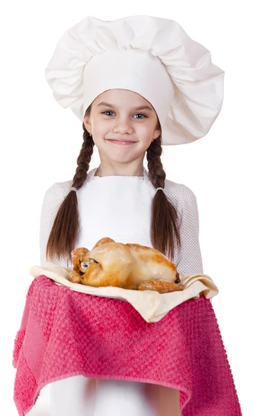Cocina y concepto de la gente - niña sonriente en sombrero de cocinero —  Fotos de Stock
