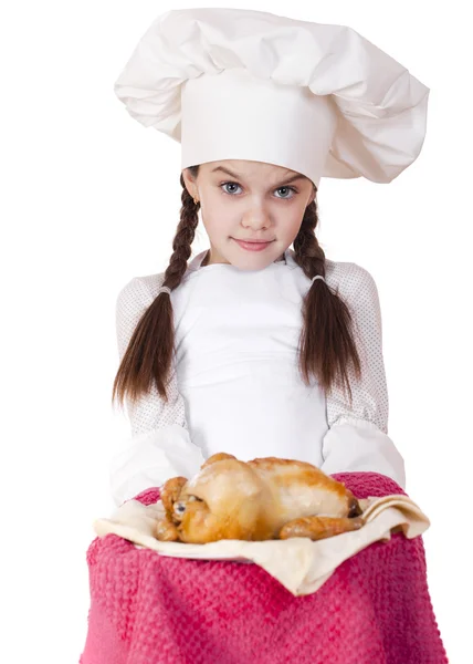 Yemek ve insanlar kavramı - aşçı şapkalı küçük kız gülümseyerek — Stok fotoğraf