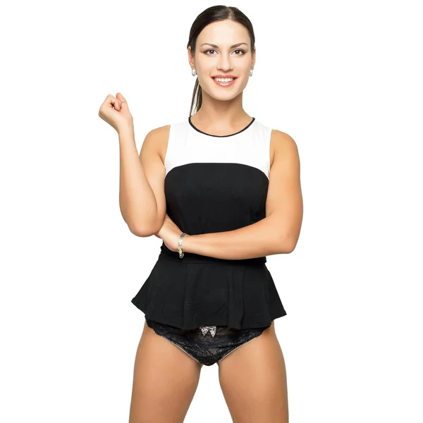 Portret van sexy jonge vrouw in zwarte ondergoed op witte isoleren — Stockfoto