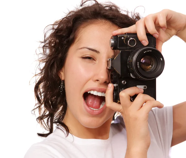 Close up lifestyle portrait of young pretty photographer girl ma — Stock Photo, Image