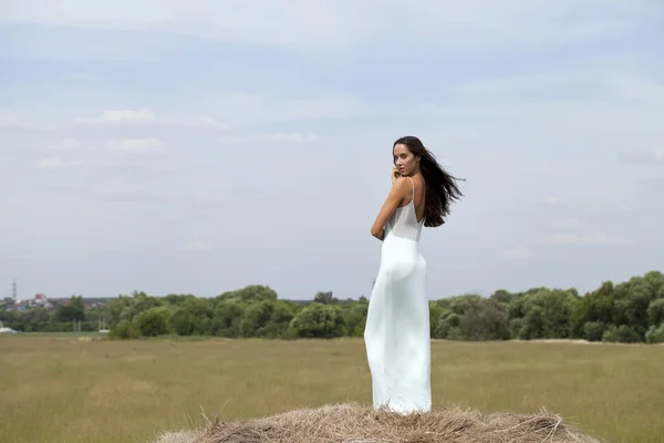 Jovem mulher bonita no palheiro na aldeia — Fotografia de Stock