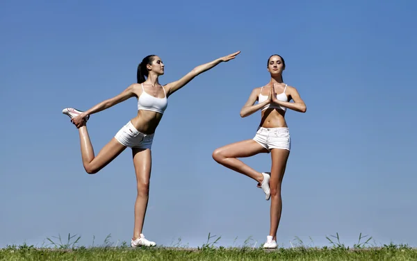 Collage, mujer de meditación haciendo ejercicio en el parque de verano — Foto de Stock