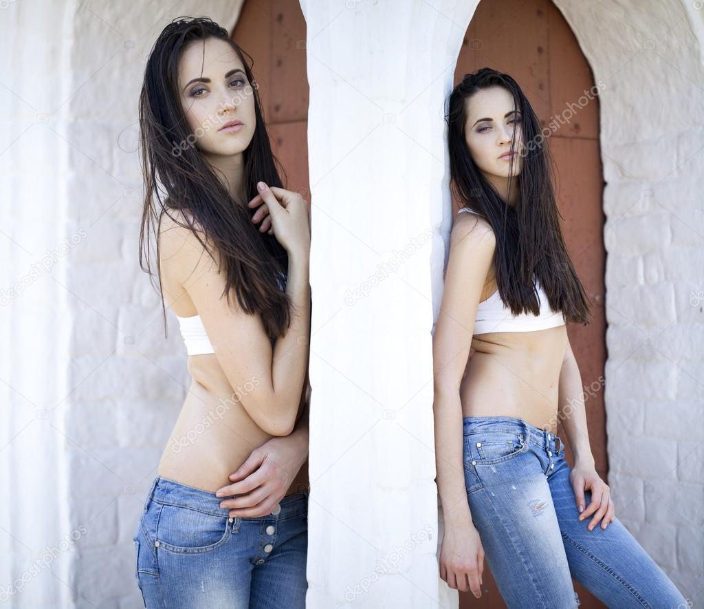 Collage, Beautiful sexy young brunette in blue jeans