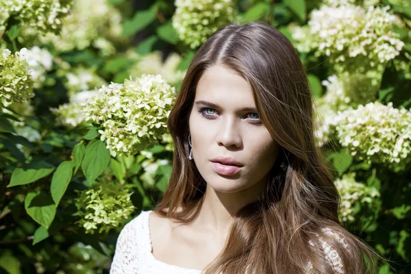 Retrato de una hermosa joven morena en flor de primavera —  Fotos de Stock