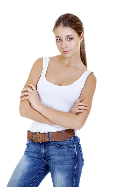 Beautiful cheerful teen girl in blue jean shorts — Stock Photo, Image